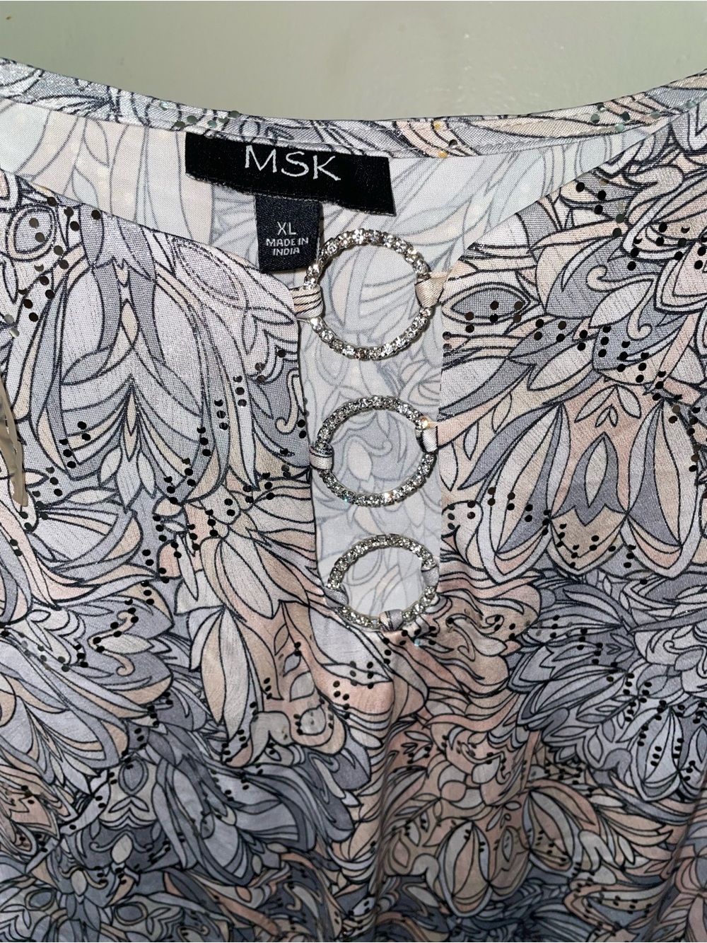 MSK Floral Shimmer Tunic Blouse Rhinestone O-Ring Keyhole Neck - XL